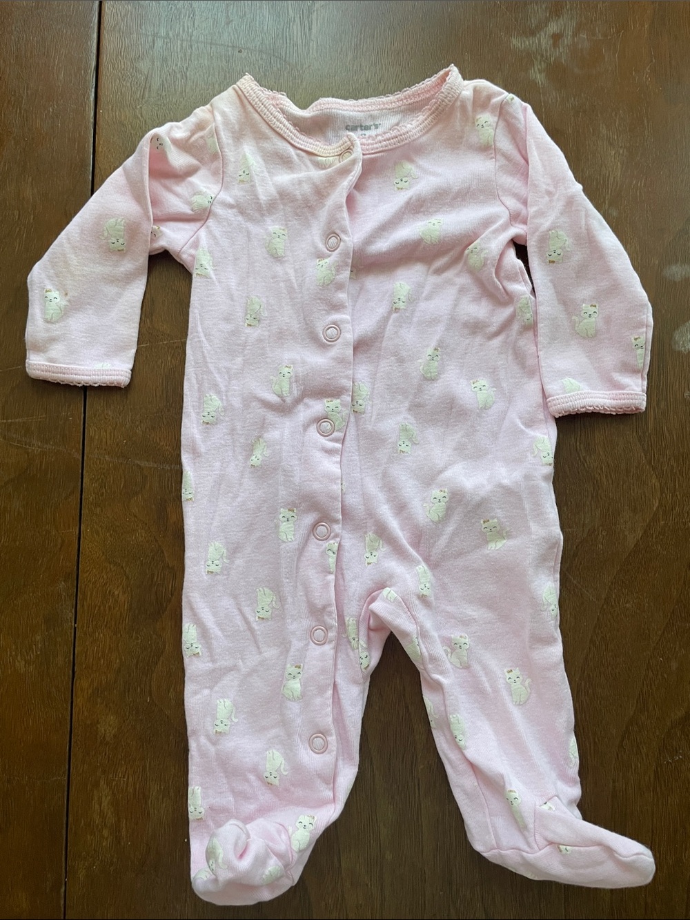 Carter's Pink Footed Baby One-Piece with White cat with gold bows Print